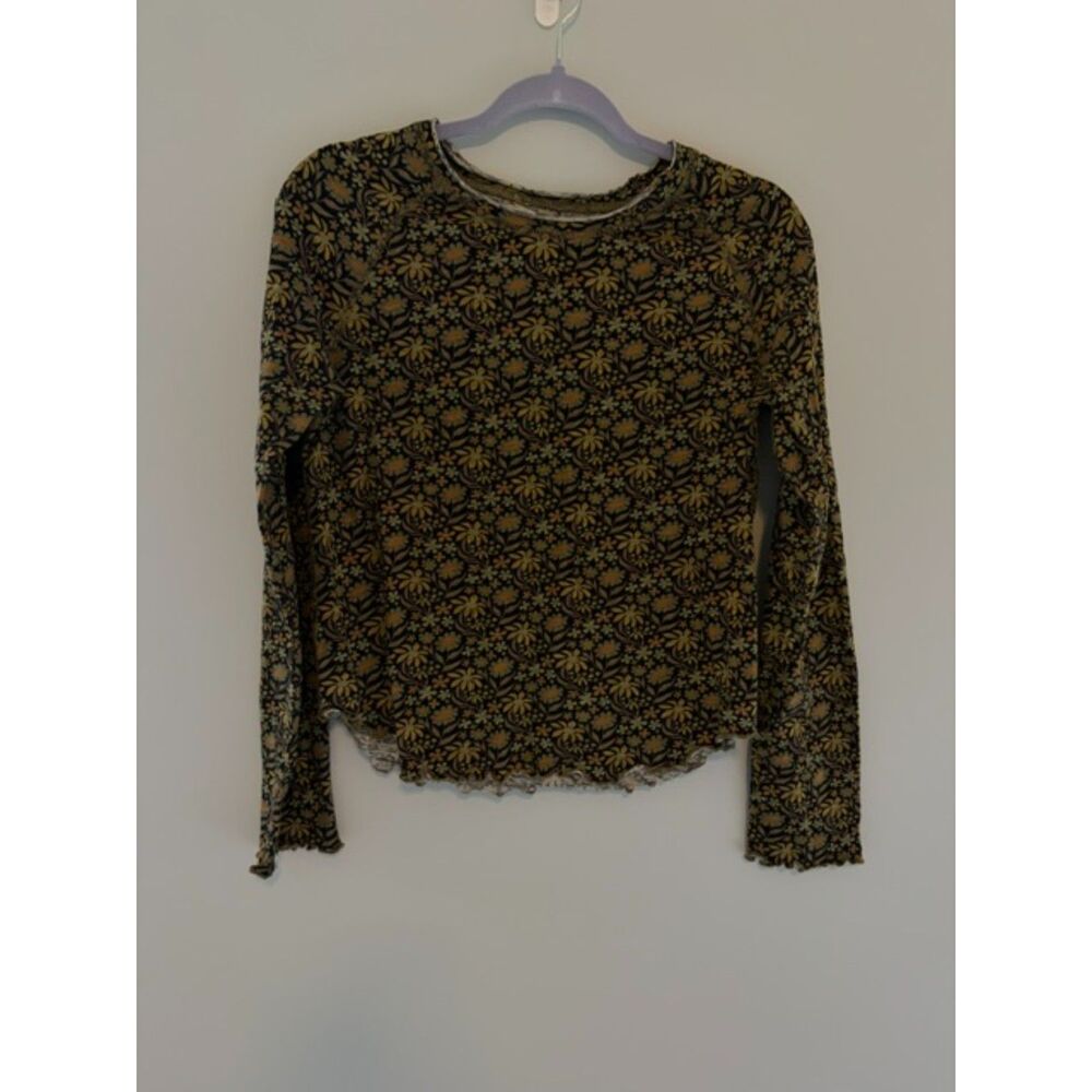 Natural Life Lily Cotton Long Sleeve Tee Shirt in Tan Daisies Floral Size M